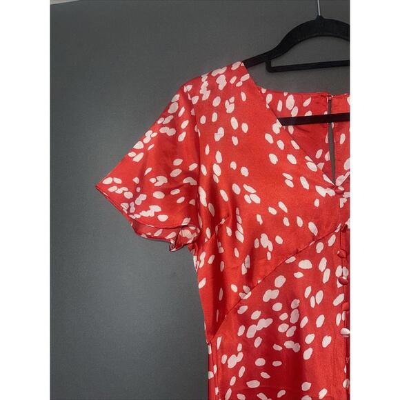 Topshop Red Silky Polka Dot Button Down Midi front slit  Dress Size 10 - Picture 4 of 10